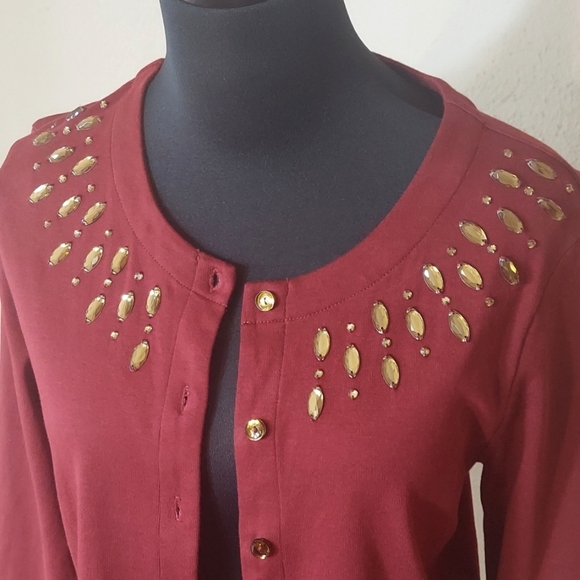 Women's Rafaella Petite Wine Cardigan with Champagne Gold Accents Sz PM - Picture 2 of 11